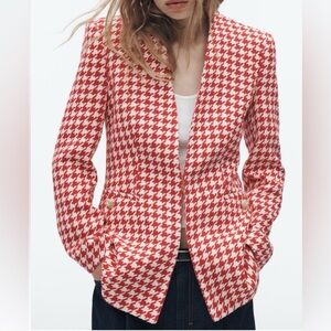 Zara Red and White Houndstooth Blazer Tailored Fit